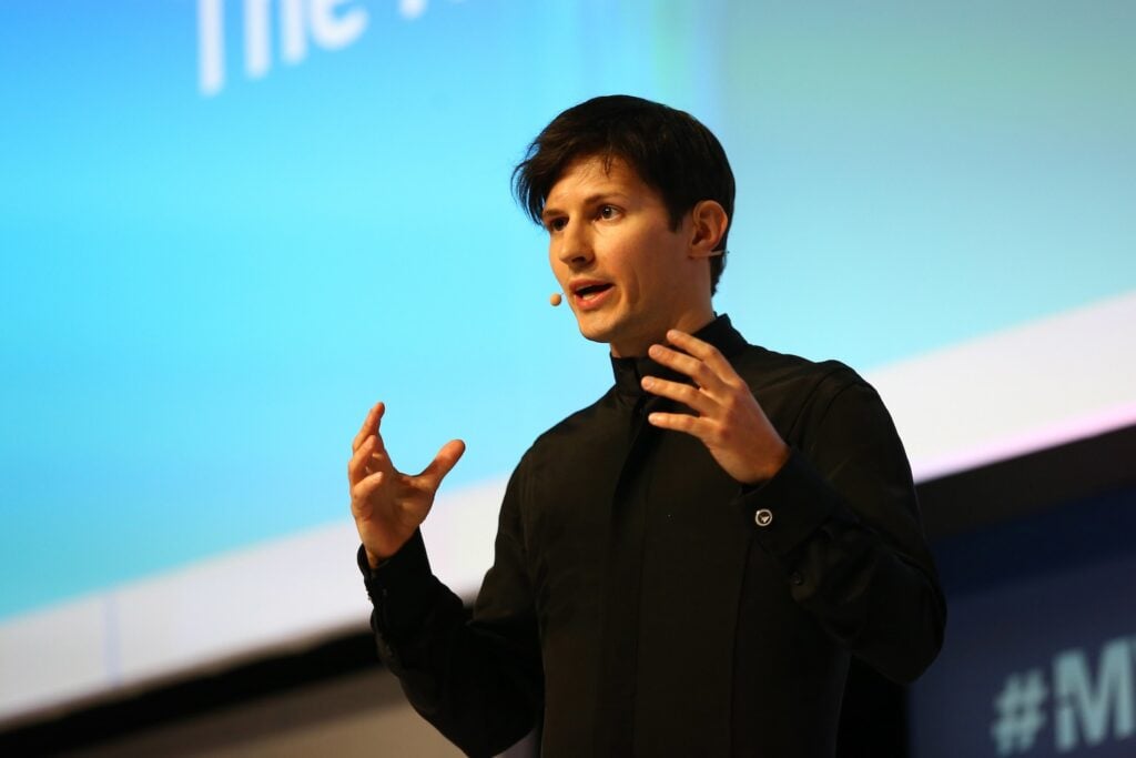 Telegram founder and CEO Pavel Durov delivers his keynote conference during day two of the Mobile World Congress at the Fira Gran Via complex in Barcelona, Spain on February 23, 2016.