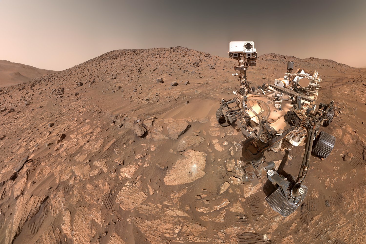 The Perseverance rover on July 23, with a rock formation nicknamed "Cheyava Falls."